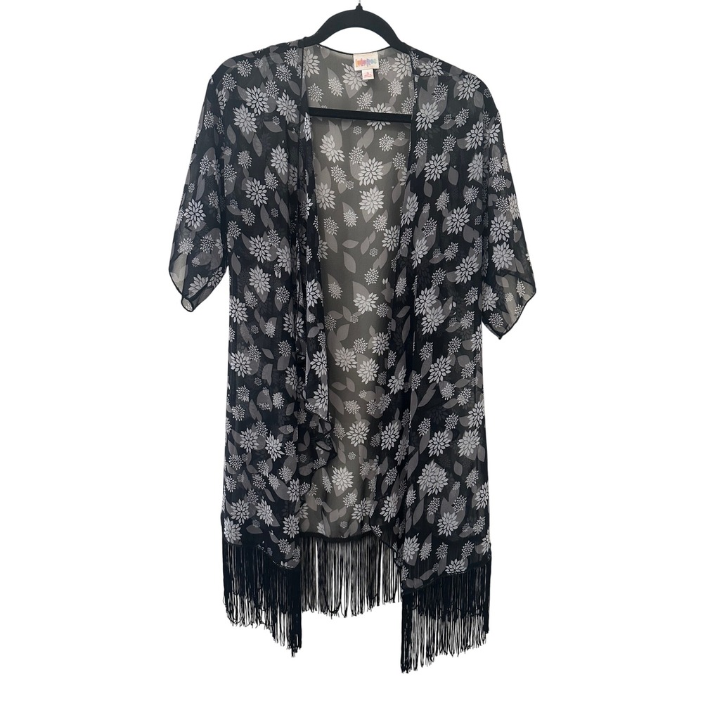 LuLaRoe Kimono Cardigan Size S Floral Fringe Sheer Boho Lightweight Beachy